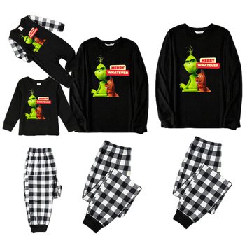 Cartoon Pattern and "Merry Whatever" Text Printed Black and White Plaid Family Matching Pajamas