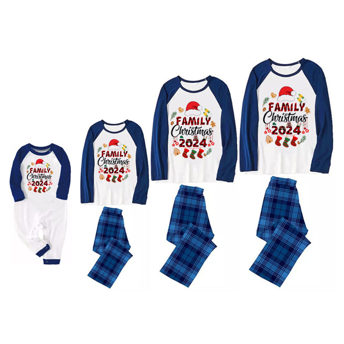 Santa Hat and "Family Christmas 2024" Text Print Blue & Black Plaid Christmas Family Matching Pajamas