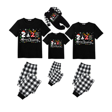 2025 Merry Christmas Family Pajamas Set - Black Top Black and White Plaid Pants White Text Graphic