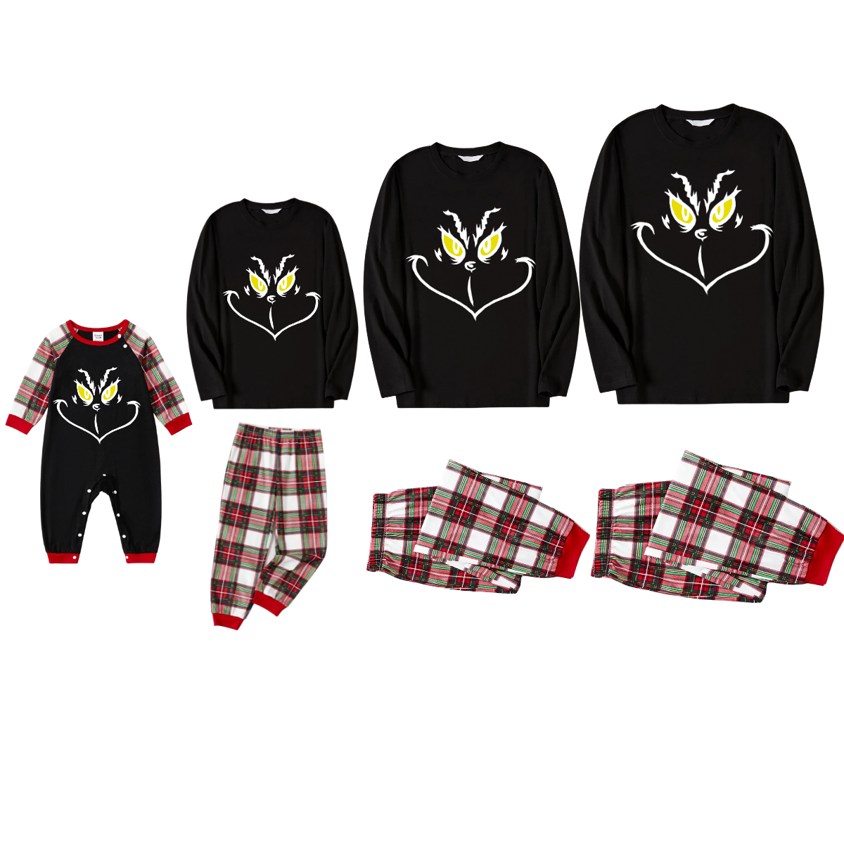 Christmas Cartoon Face Print Black Long Sleeve Top with Red & White & Green Plaid Family Matching Pajamas