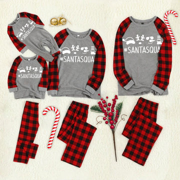 Christmas ‘#SantaSquad“ Letter Print Grey Contrast top and Plaid Pants Family Matching Pajamas Set With Dog Bandana