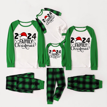 Christmas Cute Cartoon Santa Hat Patterned and '2024 FAMILY Christmas ' Letter Print Contrast Tops and Black and Gren Plaid Pants  Family Matching Raglan Long-sleeve Pajamas Sets