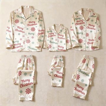 Merry Christmas Script & Snowflake Print Satin Button-Up Family Pajamas Set