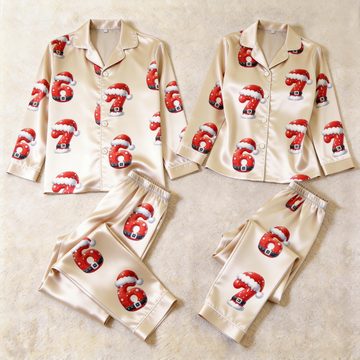 Christmas Number 67 Print Satin Matching Pajamas for Couples – Long Sleeve Button-Down Top & Pants Sleepwear Set