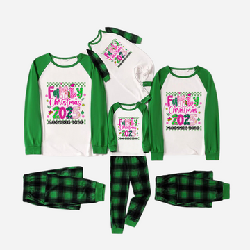 "Family Christmas 2025" Faux Glitter Green Raglan Sleeves and Green Plaid Christmas Pajamas Set