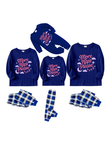 More Nap Please Letter Printed Blue&White Plaid Matching Pajamas
