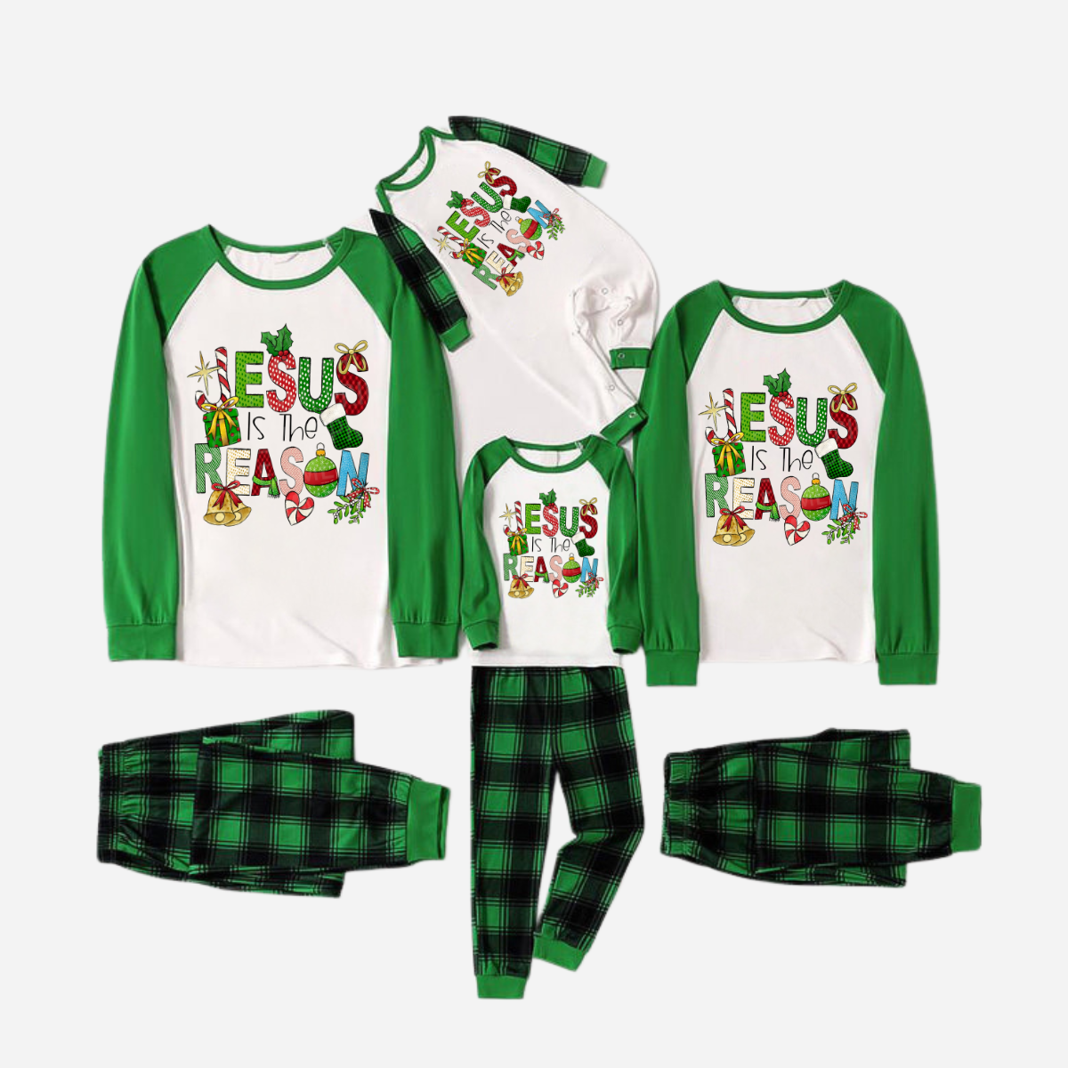 Christmas Cartoon Family Christmas Pajamas Set - White Top with Green Sleeves and Green Plaid Pants and “Jesus is the Reason” Design
