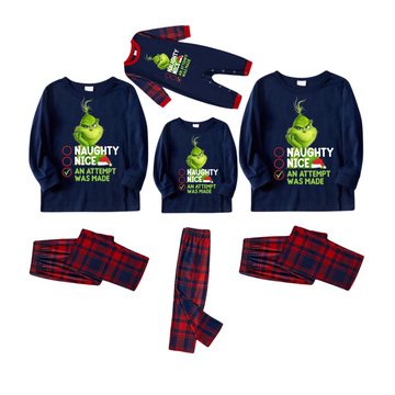 Cute Cartoon Pattern and Slogan Text Printed Red and Blue Plaid Christmas Matching Pajamas