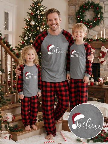 Family Matching Christmas Pajamas Set Believe Santa Hat Print Grey Red Buffalo Plaid Raglan Long Sleeve Top & Red Plaid Pants Elastic Waist Matching Loungewear For Family Xmas Gift & Holiday Morning
