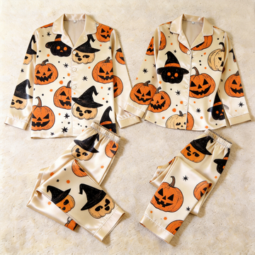 Pumpkin and Witch Hat Satin Matching Pajamas for Couples – Long Sleeve Button-Down Top & Pants Sleepwear Set