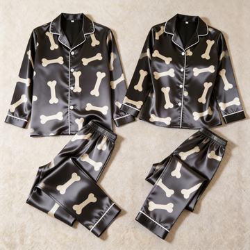 Bone Print Satin Matching Pajamas for Couples – Long Sleeve Button-Down Top & Pants Sleepwear Set