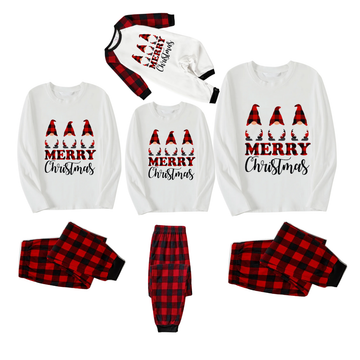 MERRY Christmas Letters And Santa Hat Printed White Long Sleeve Top with Red & Black Plaid Pants Family Pajamas