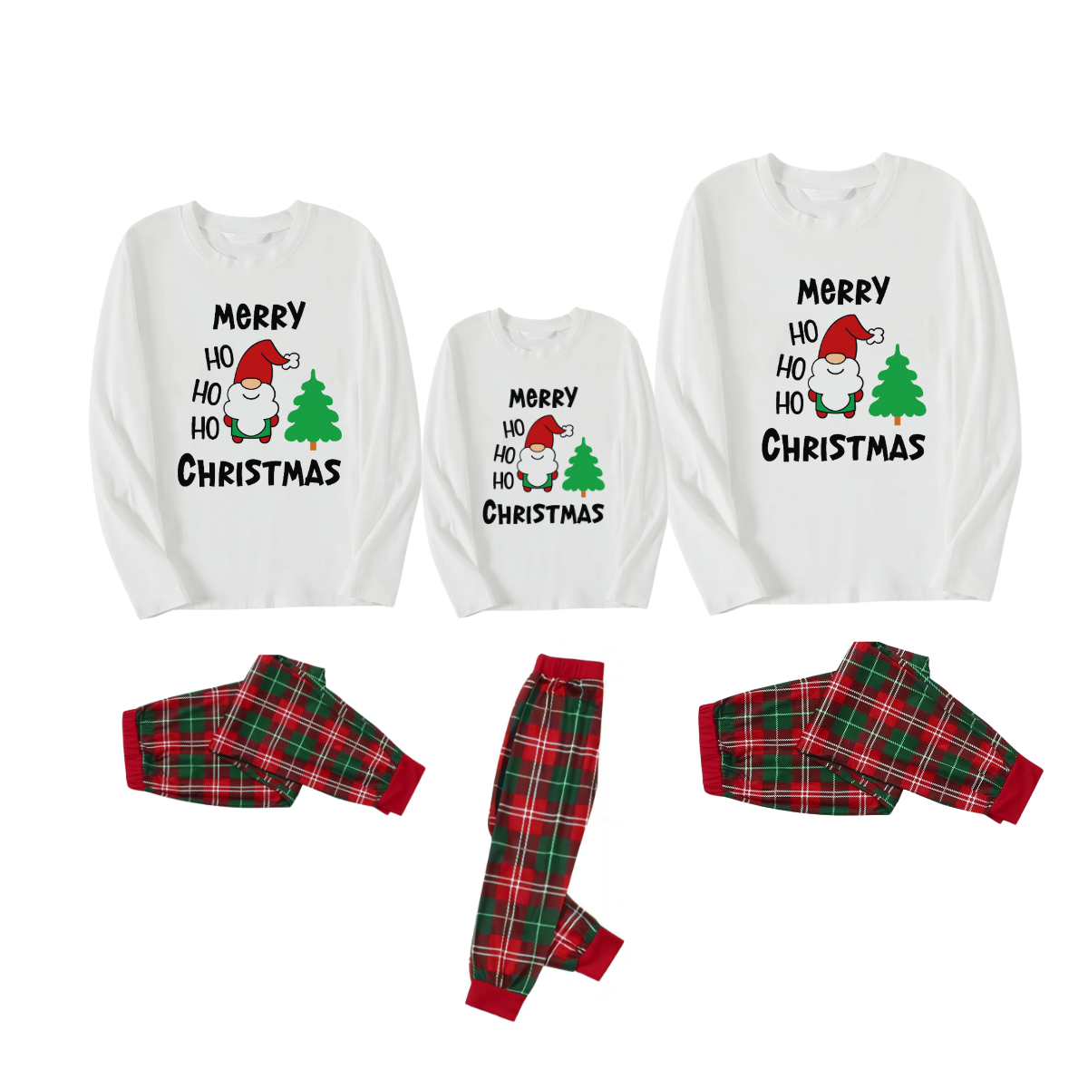 "HO HO HO Merry Christmas" 2024 White Long Sleeve Top with Red & Green Plaid Family Matching Pajamas