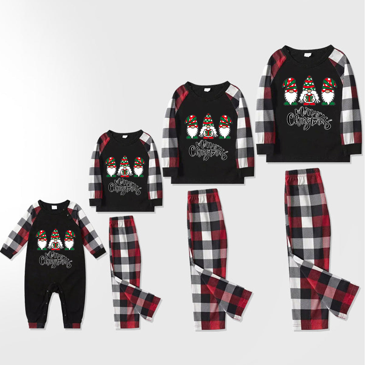 Merry Christmas Cute Gnome Print Casual Long Sleeve Sweatshirts Contrast Tops and Red & Black & White Plaid Pants Family Matching Pajamas Set With Dog Bandana