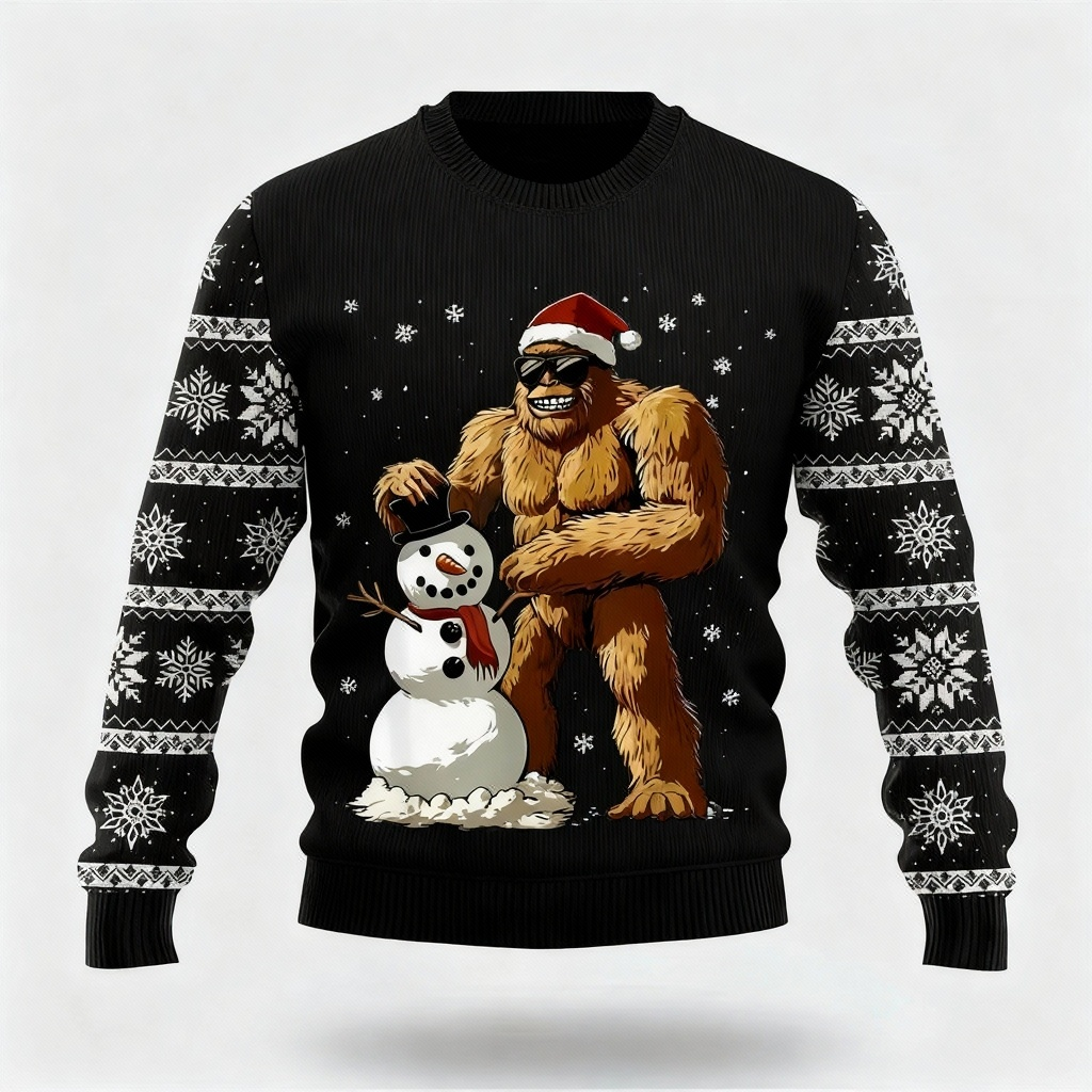 Funny Animal & Snowman Pattern Design - Black Holiday Icon Sweater