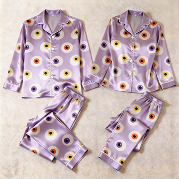 Eyeball Print Satin Matching Pajamas for Couples – Long Sleeve Button-Down Top & Pants Sleepwear Set