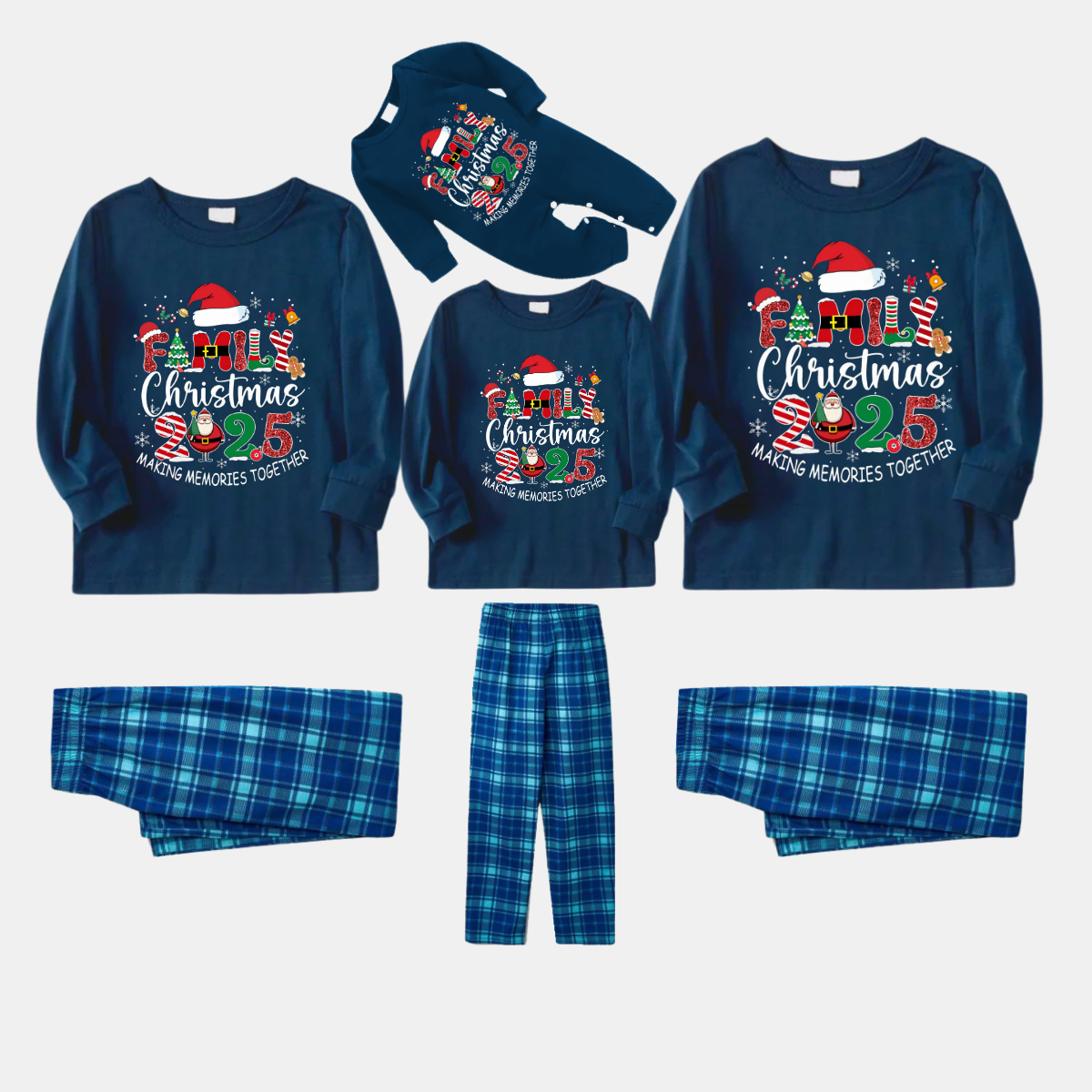 Navy & Sky Blue Plaid Christmas Pajamas Set With "Family Christmas 2025 Making Memories Together" Text Print