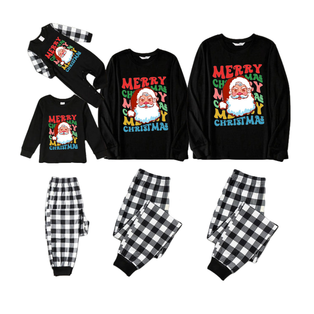 Colorful "Merry Christmas" and Santa Claus Print Black Long Sleeve Top with Black And White Plaid Pants Family Matching Pajamas