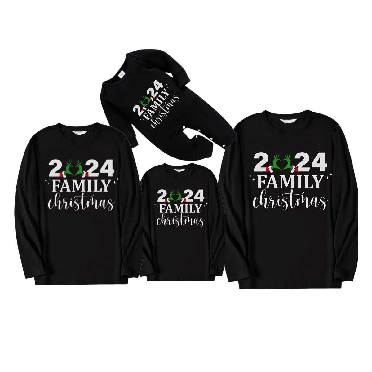 "2024 Family Christmas" Letter And Heart Pattern Black Long Sleeve Top