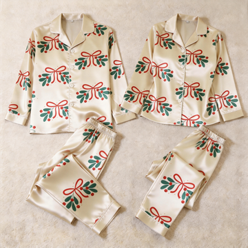 Holiday Bow and Mistletoe Satin Matching Pajamas for Couples – Long Sleeve Button-Down Top & Pants Sleepwear Set