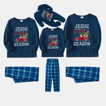 Navy & Sky Blue Plaid Christmas Pajamas Set With "Jesus is the Reason for the Season" Text Print