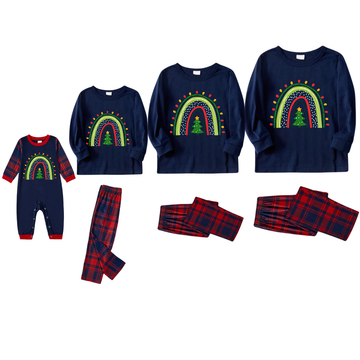 Christmas Light and Tree Prints Blue Long Sleeves Top with Red & Blue Plaid Pants Family Matching Pajamas