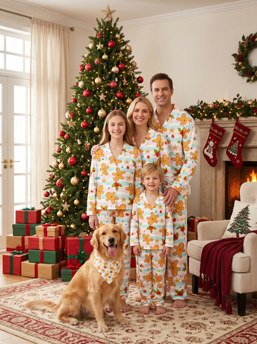Festive Gingerbread Man & Candy Stripe Matching Family Pajama Set, Button-Down Cotton Loungewear
