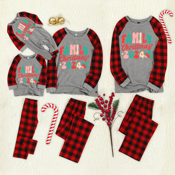 Christmas ‘ Family Christmas 2024’ Letter Print Grey Contrast top and Plaid Pants Family Matching Pajamas Set With Dog Bandana