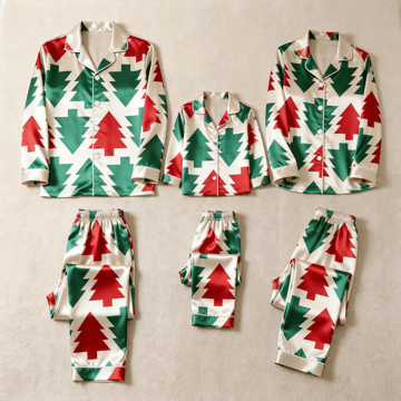 Red & Green Geometric Christmas Tree Satin Button-Up Family Pajamas Set