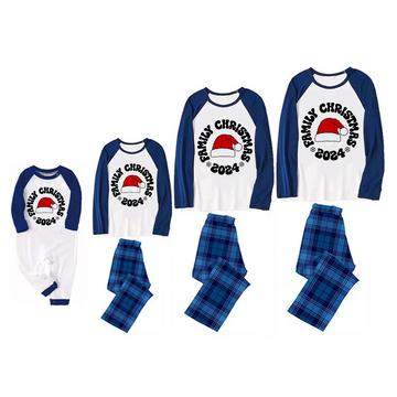 "Family Christmas 2024" Text and Santa Hat Print Blue & Black Plaid Christmas Family Matching Pajamas