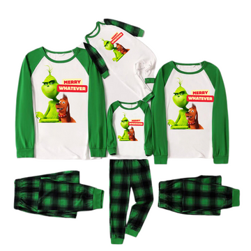 Cartoon Pattern and "Merry Whatever" Printed Green Plaid Long Sleeve Christmas Family Pajamas