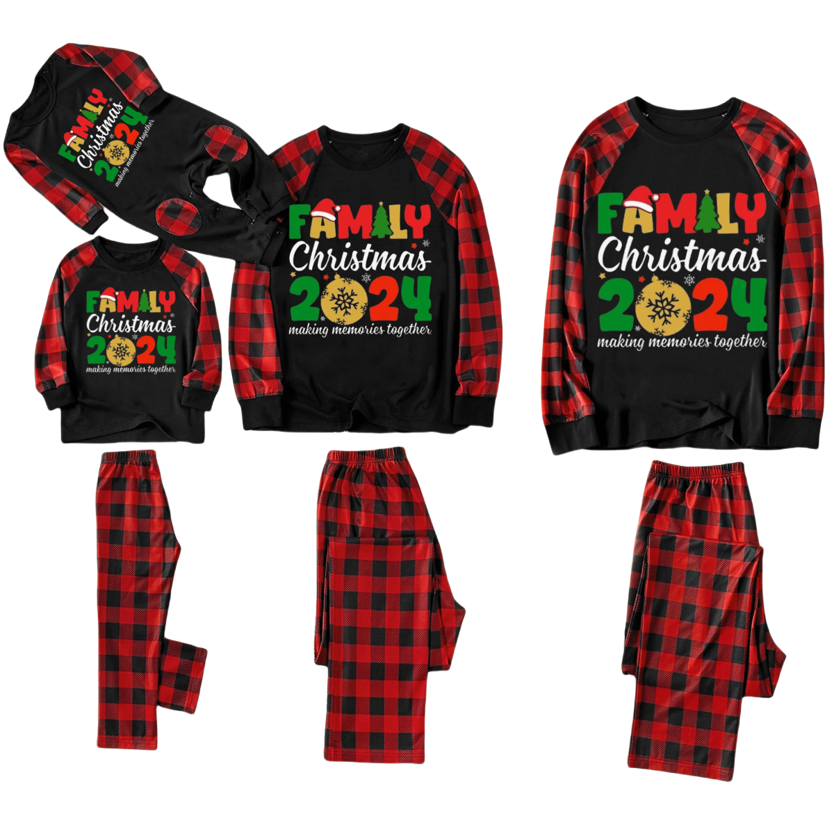 Cute "Family Christmas 2024" Text Print Black & Red Plaid Family Matching Pajamas