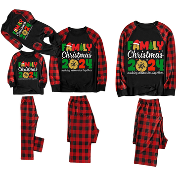 Cute "Family Christmas 2024" Text Print Black & Red Plaid Family Matching Pajamas