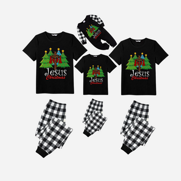 Jesus Christmas Family Matching Pajamas Set - Black Top with Black and White Plaid Pants