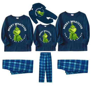 Cartoon Pattern and Christmas Slogan Printed Blue Top Sky Blue Plaid Pants Family Matching Pajamas