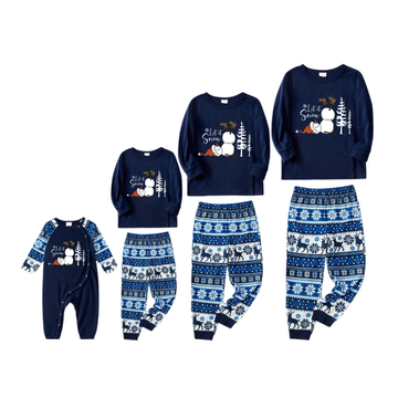 "Let it Snow" Slogan and Snowman Printed Blue Christmas Matching Pajamas