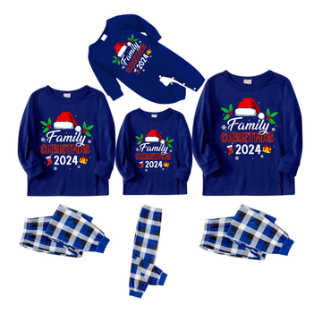 "Family Christmas 2024" Text and Christmas Element Printed Blue and White Plaid Family Matching Pajamas