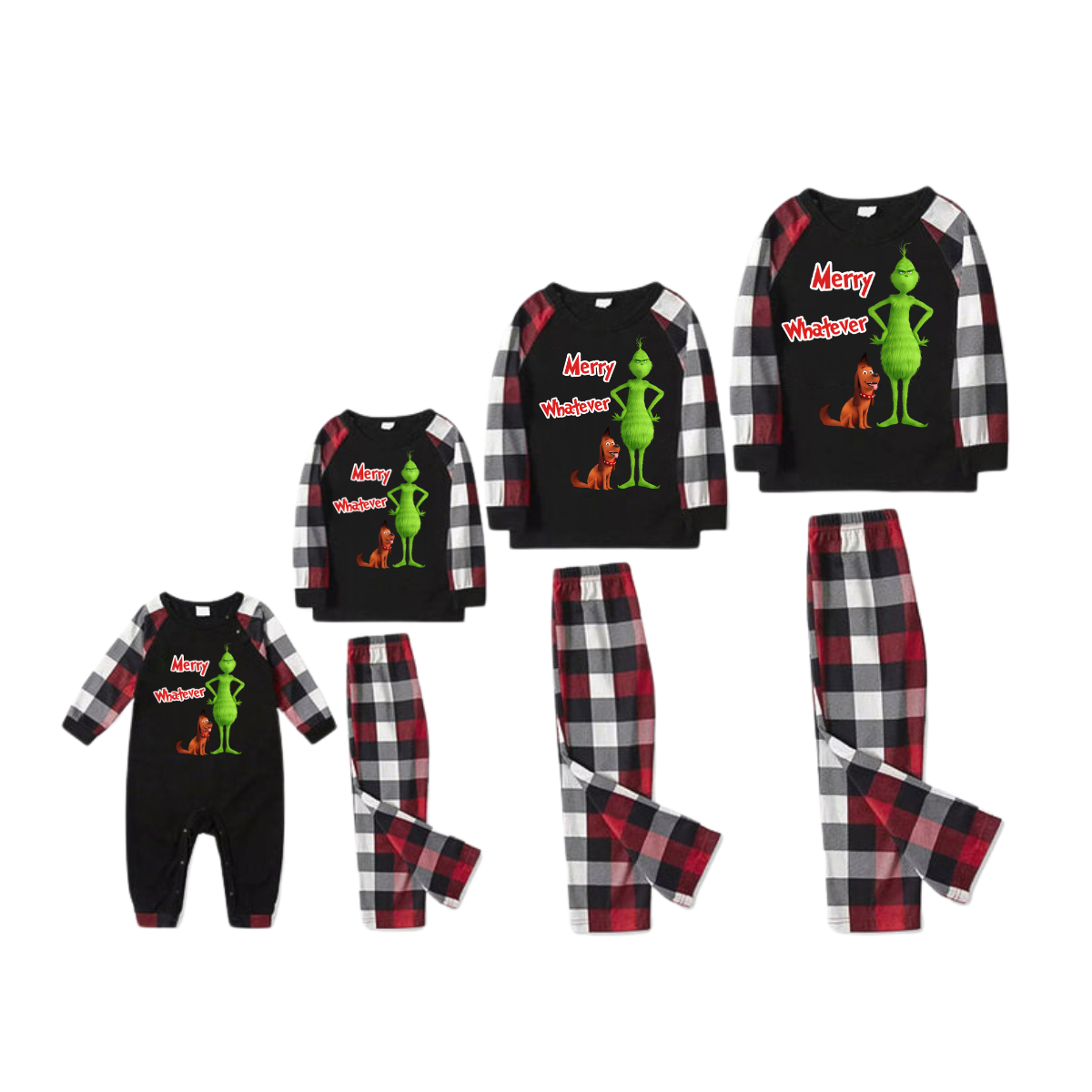 'Merry Whatever' Red Text With Green Cartoon Characters and Dog Pattern Contrast Black Top Red&Black&White Plaid Pants Family Matching Pajamas