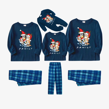 Bluey-Themed Festive Animal Pattern Sky Blue Plaid Family Pajama Sets