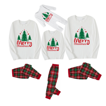 Merry Christmas Letter & Tree Printed Pattern White Long Sleeve Top with Red & Green Plaid Pants Family Matching Pajamas