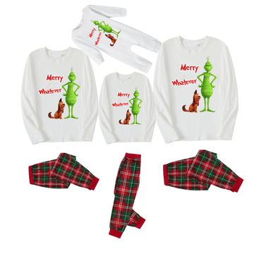 "Merry Whatever" and Cartoon Pattern Printed Red & Green Plaid Family Matching Pajamas