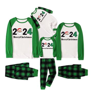 2024 Merry Christmas Text and Santa Claus Print Long Sleeve Top With Green & Black Plaid Christmas Matching Pajamas