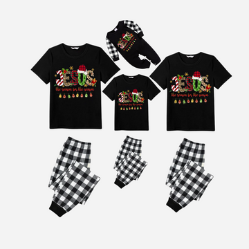 Jesus the Reason for the Season Family Christmas Pajamas Set - Black Top with Black and White Plaid Pants