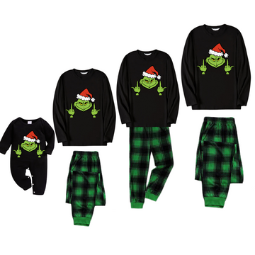 Christmas Cartoon Print Black Long Sleeve Top with Green and Black Plaid Family Matching Pajamas