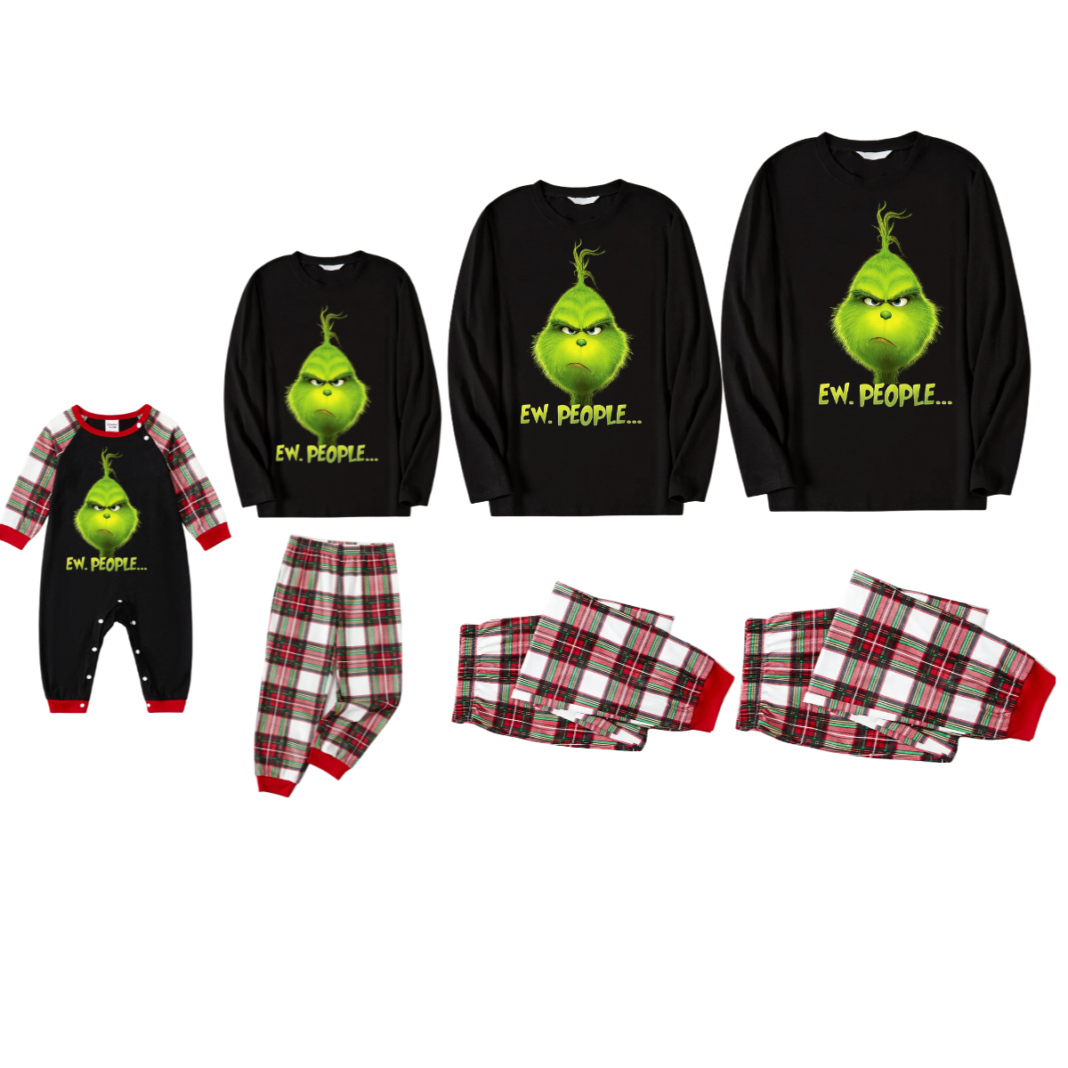 Christmas Cartoon Pattern Print Black Long Sleeve Top with Red & White & Green Plaid Matching Family Pajamas 2024