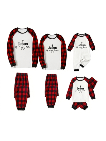 Jesus Is My Jam Print Patterned White Long Sleeve with Black&Red Plaid Pants Family Matching Pajamas