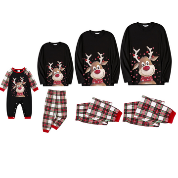 Christmas Deer Print Black Long Sleeve Top with Red & White & Green Plaid Family Matching Pajamas