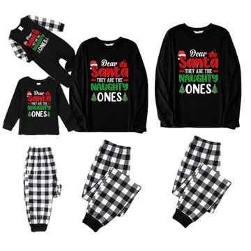 "Dear Santa They are The Naughty Ones" Slogan Printed Black and White Plaid Pants Family Matching Pajamas