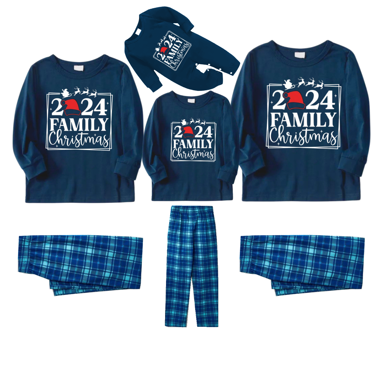 "2024 FAMILY CHRISTMAS" Text and Sleigh Pattern - Blue Long Sleeve Top With Blue Plaid Family Matching Pajamas