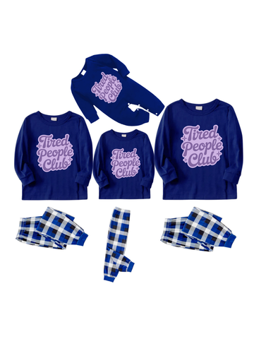 Tired People Club Letter Printed Blue&White Plaid Matching Pajamas